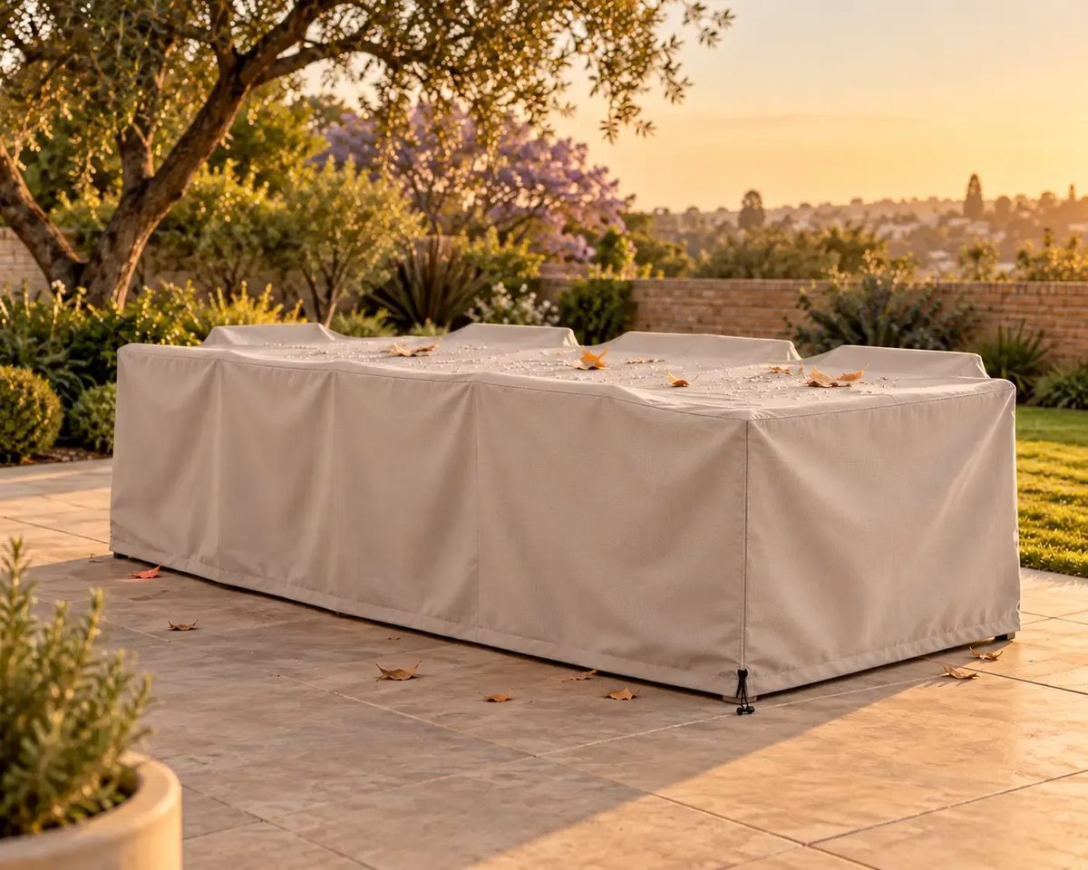 Covergard water-resistant cover fitted over an outdoor patio lounge set