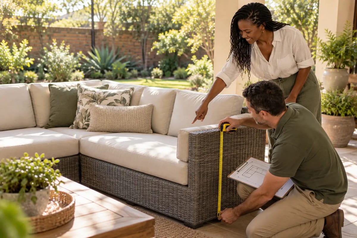 A fitter measuring the arm of a wicker patio couch with a tape measure while the owner points out the corner
