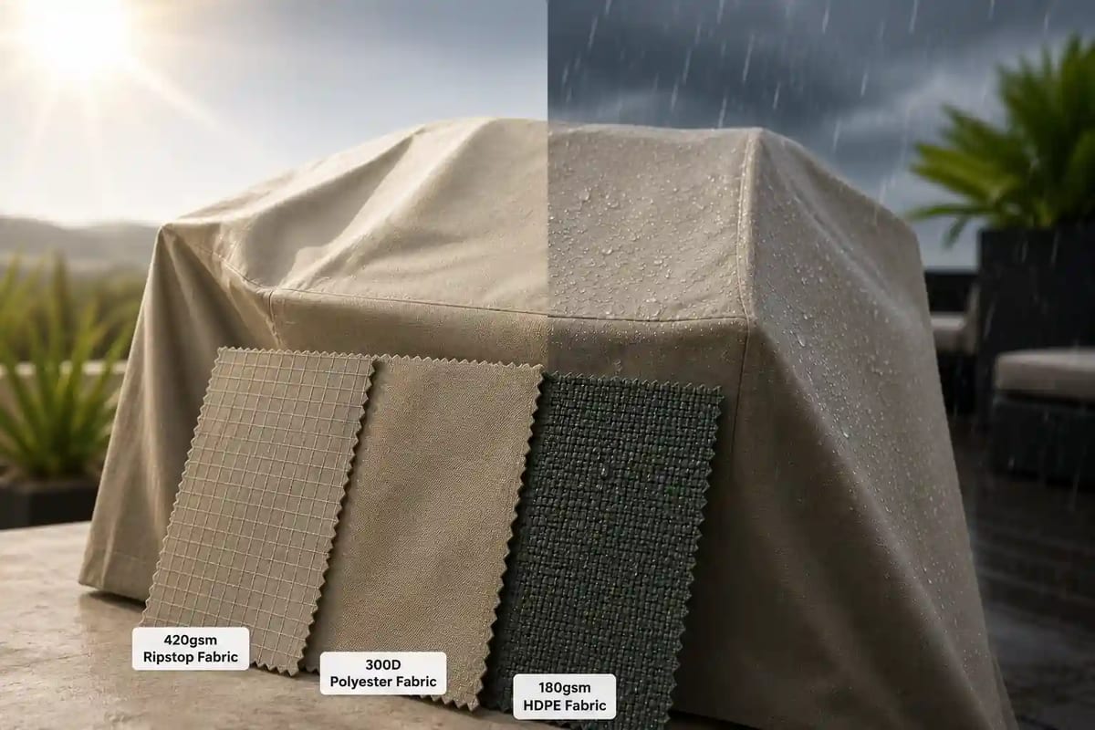 Covergard fabric swatches labelled 420gsm ripstop, 300D polyester and 180gsm HDPE